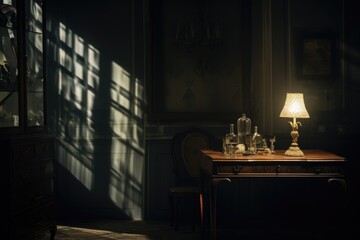 A dark room with a table and a lamp on top. This image can be used to depict a cozy and intimate atmosphere in a mysterious setting