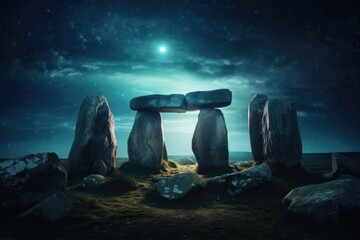 Stonehenge sitting in the middle of a field illuminated by the light of a full moon. Perfect for historical or mystical themed projects