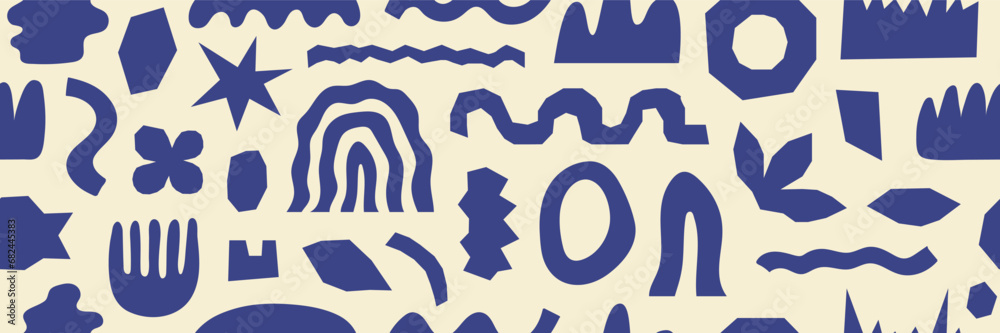 Poster abstract seamless pattern with blue organic cut out shapes on a beige background. trendy vector coll