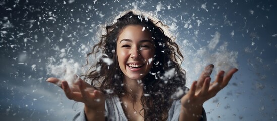Obraz premium Portrait a beautiful young woman in winter blur snowflakes background. AI generated