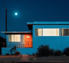 Outdoor color photograph of a small brick one-story tract house under a full moon in a cloudless sky, quiet late-night feel, full shot. From the series “North Dakota.