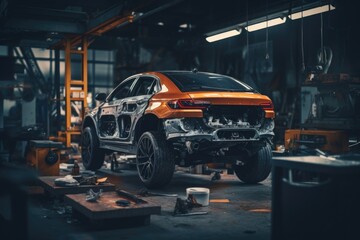 A picture of a car being worked on in a garage. This image can be used to depict car maintenance, auto repair, or a DIY project.