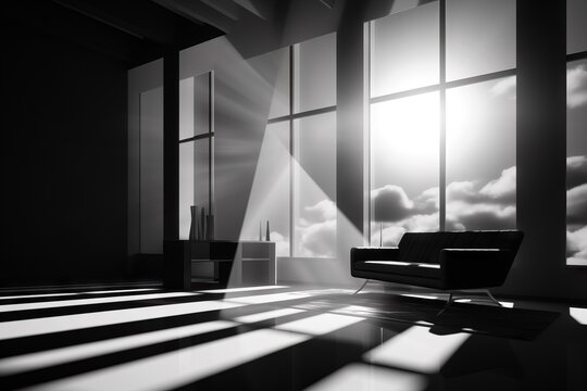 Black and white interior photograph in a high-rise building looking out on a cloudy sunny sky, dramatic light and shadow. From the series “Recurring Dreams," "Twilight Zone."