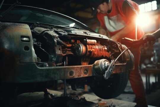A man is seen working on a car in a garage. This image can be used to showcase automotive repairs or maintenance activities.