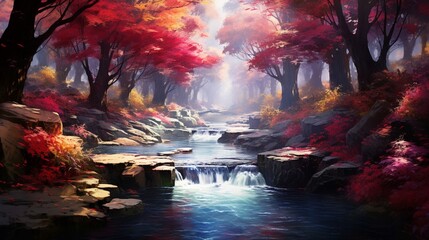 A babbling brook winding its way through a forest ablaze with color. - obrazy, fototapety, plakaty