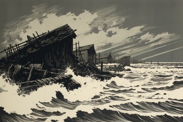 Ink wash illustration of a stormy whitecapped sea washing over dilapidated wooden buildings under gunmetal gray skies, windy, bleak, cold, and lonely. From the series “Recurring Dreams.