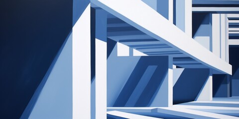 Outdoor color illustration of modernist building of flat planes and diagonals, light and shadow, knee level shot. From the series “Abstract Architecture,