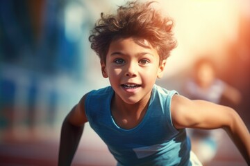 A young boy is captured in action as he runs on a track. This image can be used to depict fitness,...