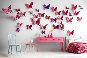 walls with butterfly decals or three-dimensional butterflies - obrazy, fototapety, plakaty