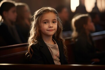 A young girl sitting quietly in a church. Suitable for religious and spiritual themes