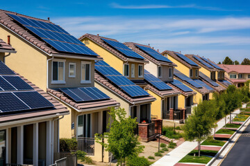 A row of suburban houses showcases modern sustainability, each roof equipped with solar panels under the clear sky, reflecting a commitment to renewable energy