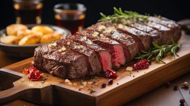 Delicious baked beef cooked to medium rare. Served on a wooden board with aromatic herbs, grilled slices and sauces, Concept: gourmet dinner atmosphere	
