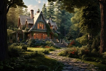 A painting of a house nestled in a serene woodland setting. Perfect for adding a touch of nature to any space
