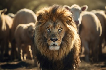 A powerful lion stands confidently in front of a large herd of sheep. This image can be used to represent leadership, dominance, or the concept of standing out from the crowd
