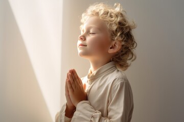 Curly little blonde boy on knees holding hands and praying in the morning, pastel neutral background. Christianity, faith, spirituality, religion, salvation, peace, faith concept. Kid praying to God - obrazy, fototapety, plakaty