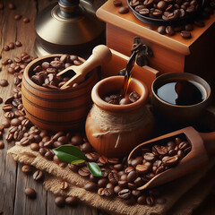 Fototapeta na wymiar Coffee beans and coffee making process