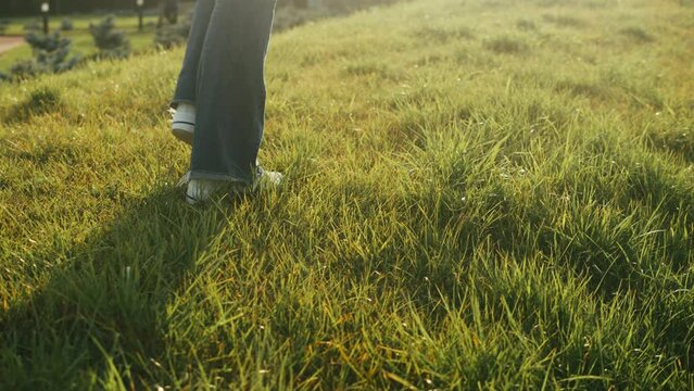 Young woman wearing blue jeans and white sneakers walking on green grass at sunny day close-up. Walk on green field outdoor.