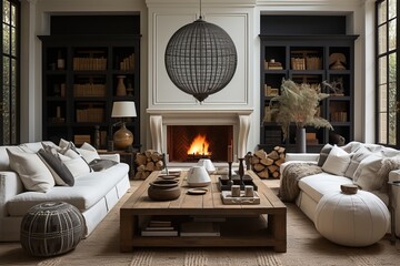 White and Grey Living Room with Shelves and a Fireplace