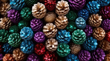 A bright composition of colorful cones. Festive holiday decoration and Christmas decorations