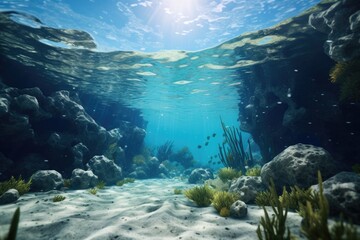 An underwater view of a vibrant coral reef teeming with colorful fish. Perfect for nature and marine life enthusiasts.
