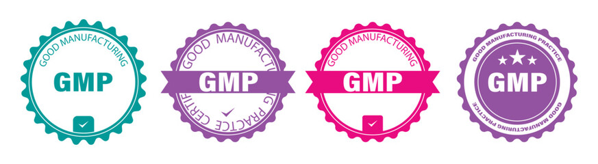 GMP set of round badges. Certified industrial stickers for products with Good Manufacturing Practice tag