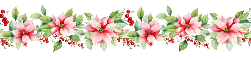 Seamless border with red poinsettias and berries, perfect for holiday designs.