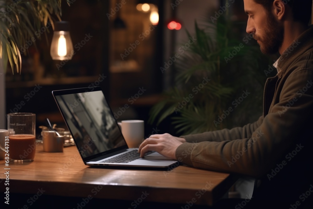 Poster a man sitting at a table using a laptop computer. suitable for technology-related articles and blog 