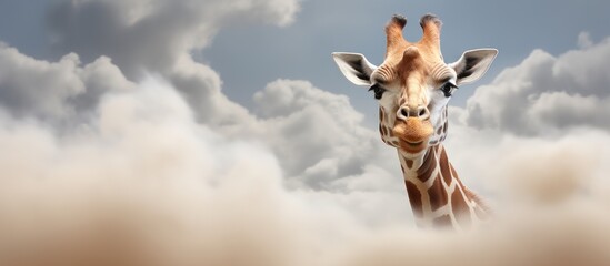 Fototapety  Animal photography, portrait funny giraffe over blue sky with white clouds. AI generated image