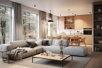 Naklejka na ściany i meble A light-filled living space with seamless transitions between the kitchen, dining, and lounge areas, creating an inviting open-concept layout