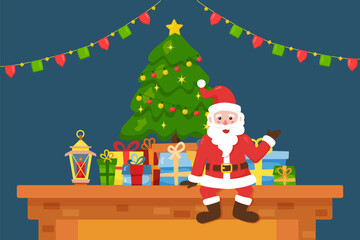 Flat Santa on fireplace mantel with gifts and decorated tree on home background with garland. Vector cartoon Merry Christmas illustration. Cute winter character with smile for holiday poster or banner