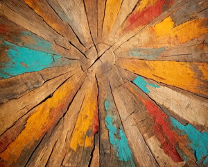 Artisanal tree trunk segment design in a sunbeam pattern with faded turquoise and orange paint