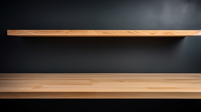 Empty shelves on the background of a wooden table