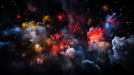 A burst of neon fireworks frozen in time against an inky black sky.