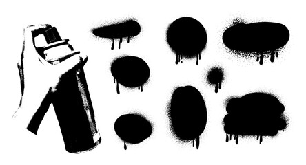 Spray paint smudges and splashes set. Graffiti grunge texture blots, stains, banners. Hand holding spray can halftone collage element. Vector illustration isolated on transparent background