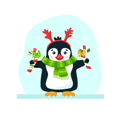 Funny flat penguin with scarf with candy cane on winter background. Vector cartoon illustration with sweet lollipop. Square image of cute winter penguin character with smile for poster or template