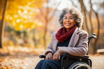 Portrait of a smiling elderly African American female lady sitting in a wheelchair in a urban park - obrazy, fototapety, plakaty