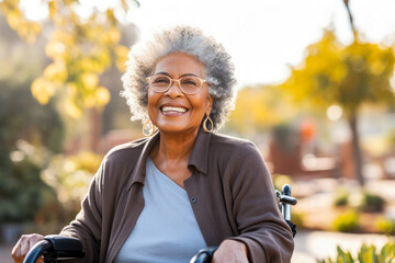 Portrait of a smiling elderly African American female lady sitting in a wheelchair in a urban park - obrazy, fototapety, plakaty
