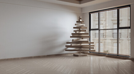 Big wood christmas tree decorated with modern living room on wooden floor. Empty white wall...