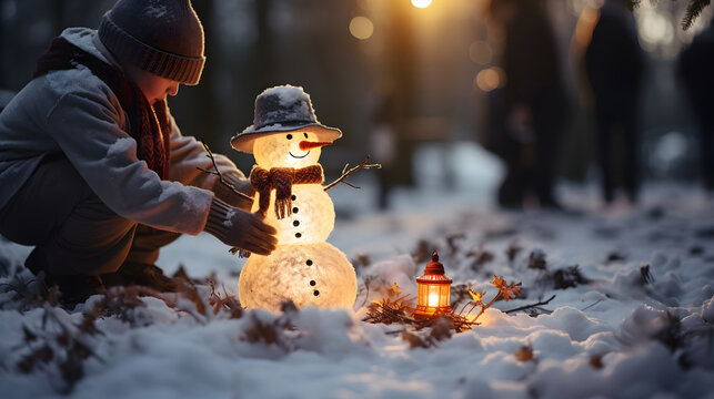 A young boy make a handmade snowman, merry spirit Christmas. Generative AI.