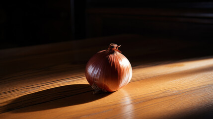 Lifestyle product shot of whole golden onion, illuminated from the side on a wooden table. Play light and shadow