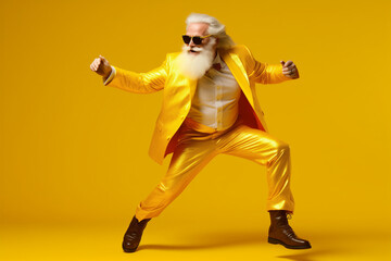 An old person in a golden suit dancing on a yellow background.
