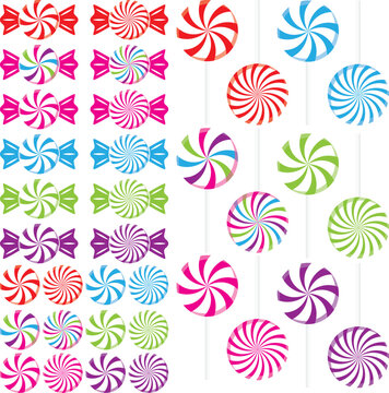 Swirled candy peppermints as hard candies, lollipops, and wrapped candies in red, pink, green, blue, purple, and rainbow colors