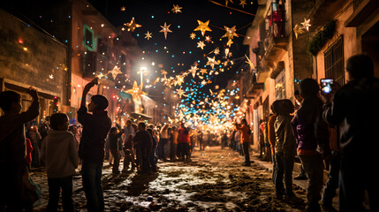 Navidad en México: Posada de Luz y Felicidad gente en un pueblo entre estrellas y luces de colores - obrazy, fototapety, plakaty