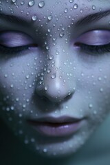 Face of a person delicately covered in water droplets, emphasizing textures with blue tones