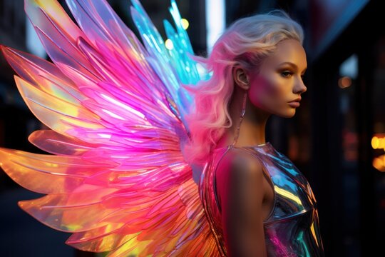 Stunning portrait of a woman adorned with glowing neon wings in an urban setting, exuding magical charm