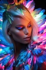 Stunning image of a woman illuminated by blue light wearing a colorful feather headdress