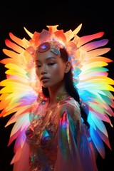 Ethereal shot of a serene-faced model with colorful, luminous feather-like wings in a fantasy setting