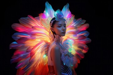 Artful portrait of a woman with colorful translucent wings giving a sense of wonder and artistry