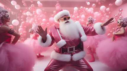 santa claus dancing with a dance troupe of girls in a cloud of pink smoke - a playful and festive scene infused with joyful holiday spirit - obrazy, fototapety, plakaty