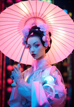 A stunning portrait of a geisha with a pink parasol, illuminated by vibrant neon lights in the background